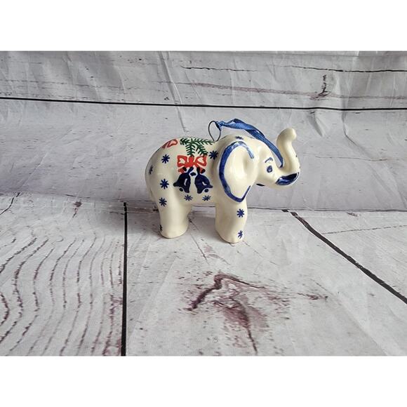Polished Pottery hand painted Elephant Blue stars a pine tree design Ornament - Picture 1 of 8